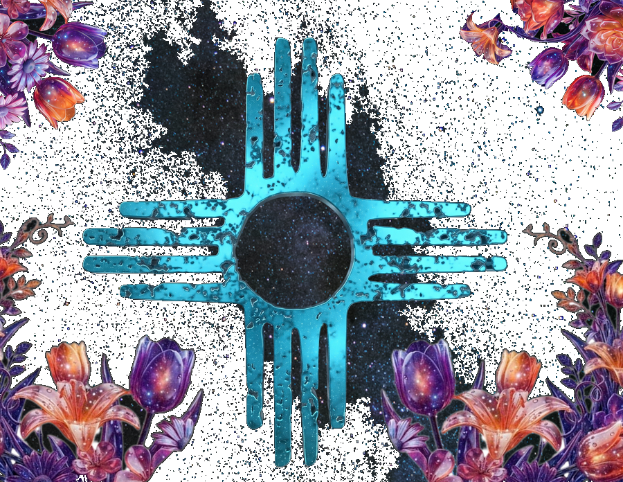 Blue Alien Enterprises emblem: a turquoise Zia sun symbol filled with a starfield, framed by cosmic galaxy-glass flowers